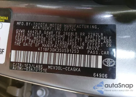 2005 Toyota Camry Xle V6 from USA, damaged, VIN 4T1BF30K35U591253